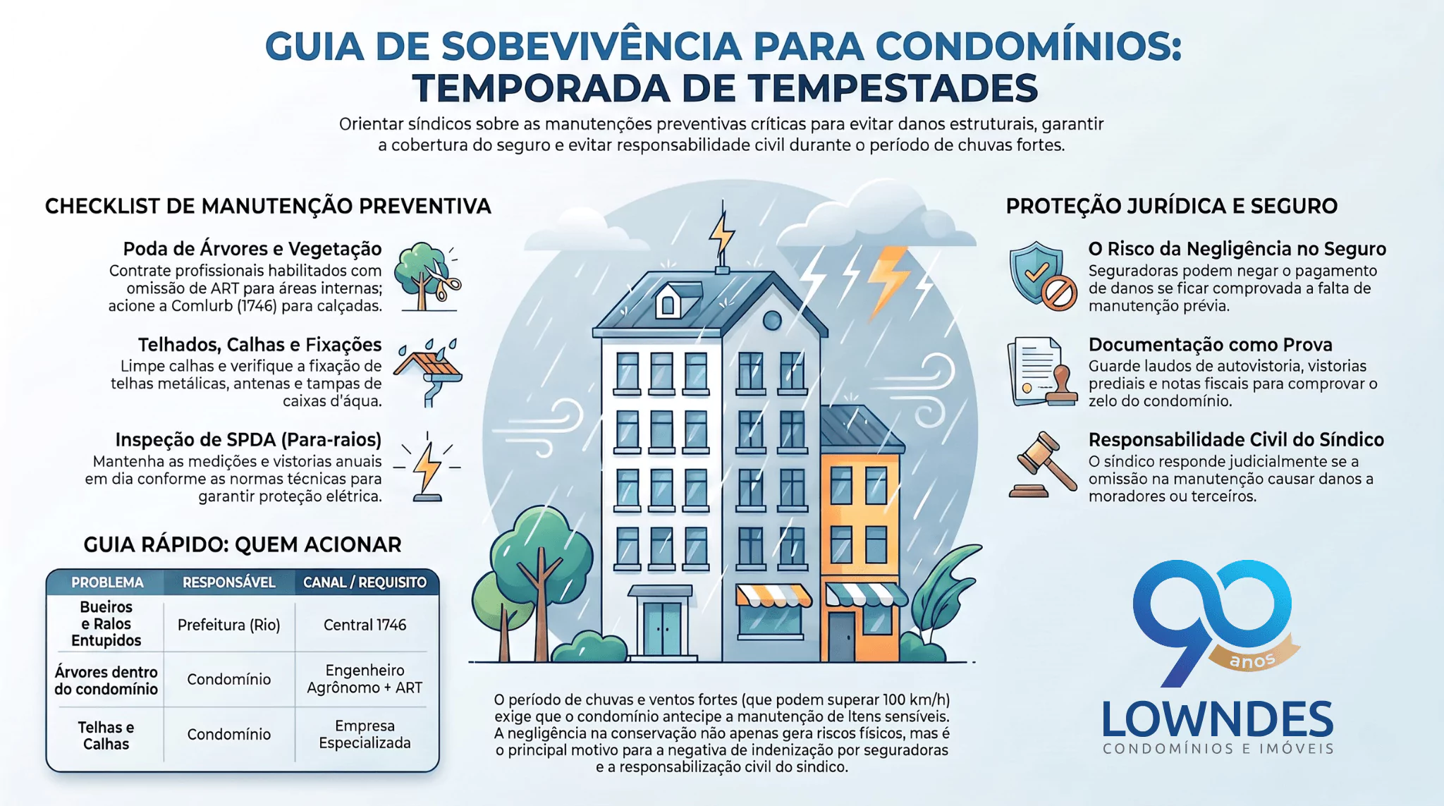 Guia de sobrevivência para condomínios na temporada de tempestades: checklist de manutenção preventiva (poda de árvores, telhados e calhas, inspeção de SPDA), proteção jurídica e de seguro, e tabela de quem acionar para bueiros, árvores e telhas